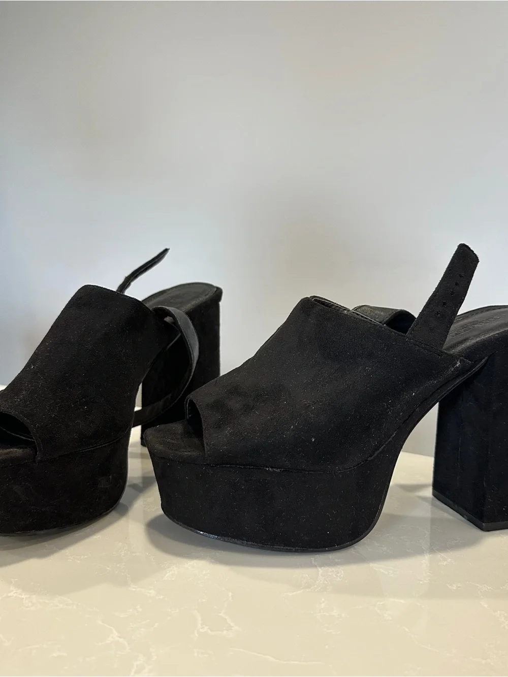 Black Suede 4 Inch Platform Chunky Mule Heels - Size 7